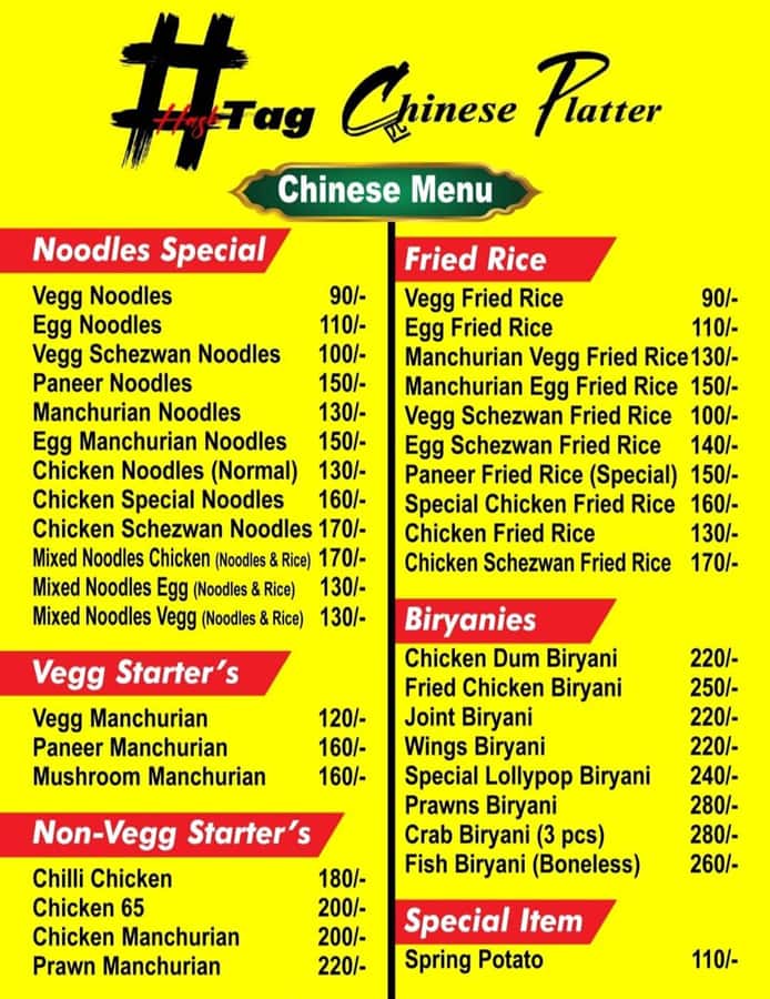 Menu of Hashtag Chinese Platter, Islampet, Vijayawada