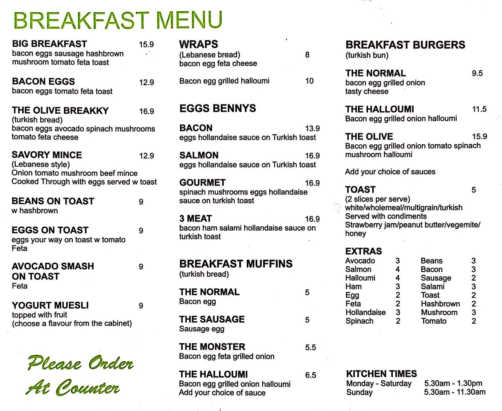 Menu at The Olive Cafe, Wynnum