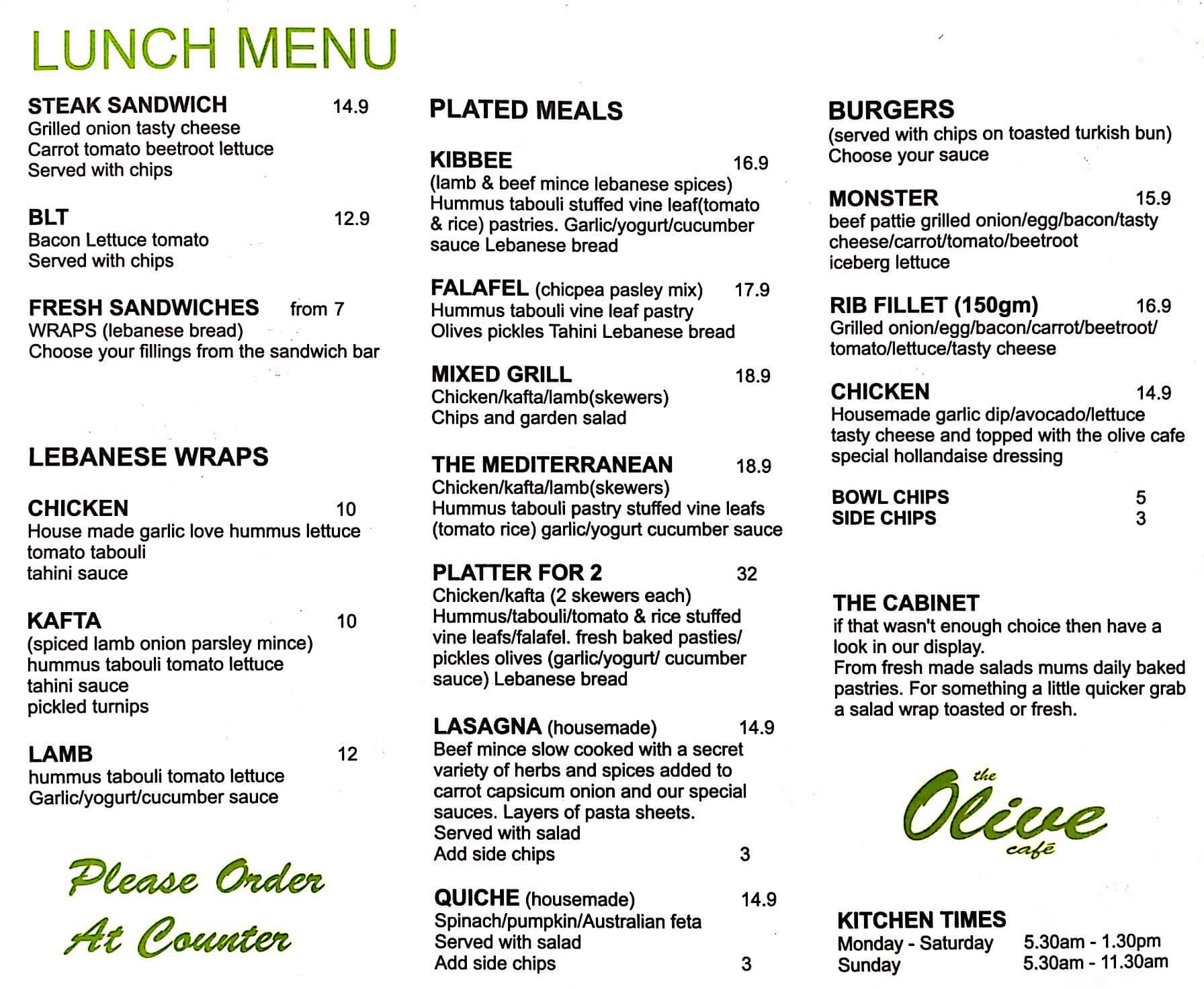Menu at The Olive Cafe, Wynnum