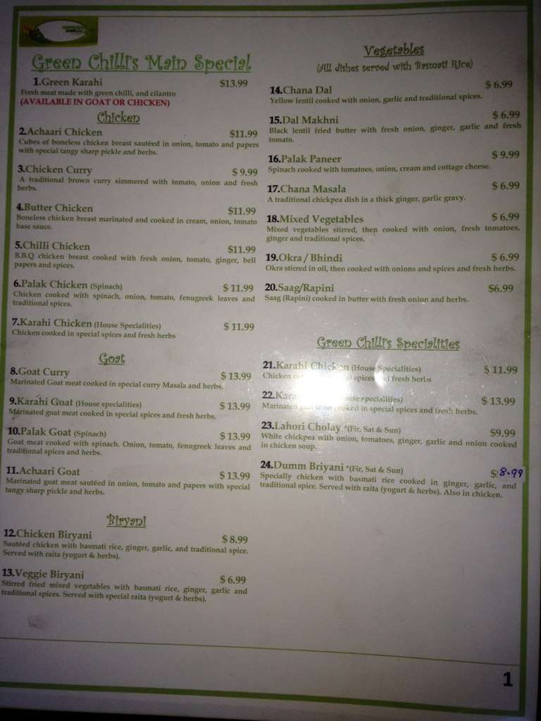 The Green Chilli Menu, Menu for The Green Chilli, West End, Winnipeg