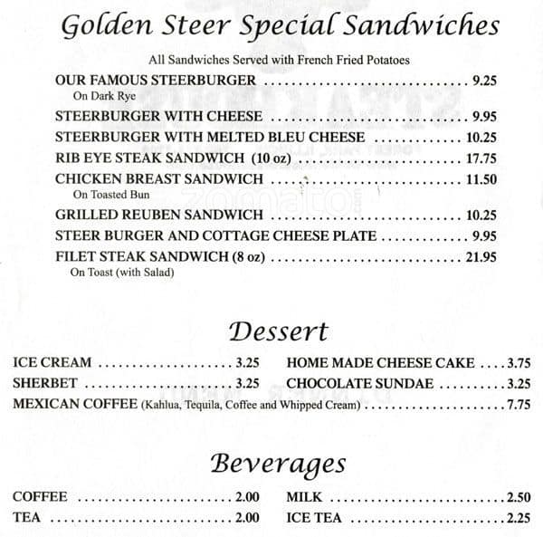 Menu at Golden Steer Steakhouse, Forest Park
