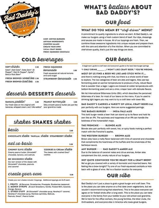 Menu at Bad Daddy's Burger Bar, Huntersville, Lindholm Dr Ste A