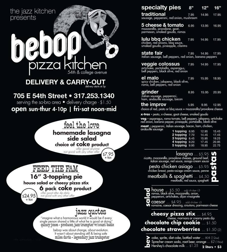 Bebop Pizza Kitchen menu, Menu restauracji Bebop Pizza Kitchen
