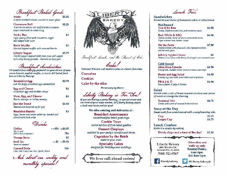 Menu at Liberty Bakery, Jacksonville
