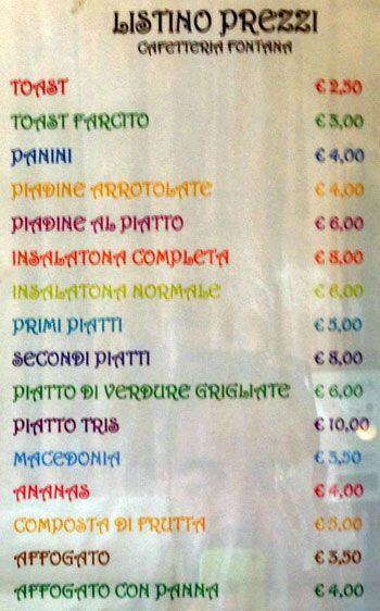Menu di Cafetteria Fontana 