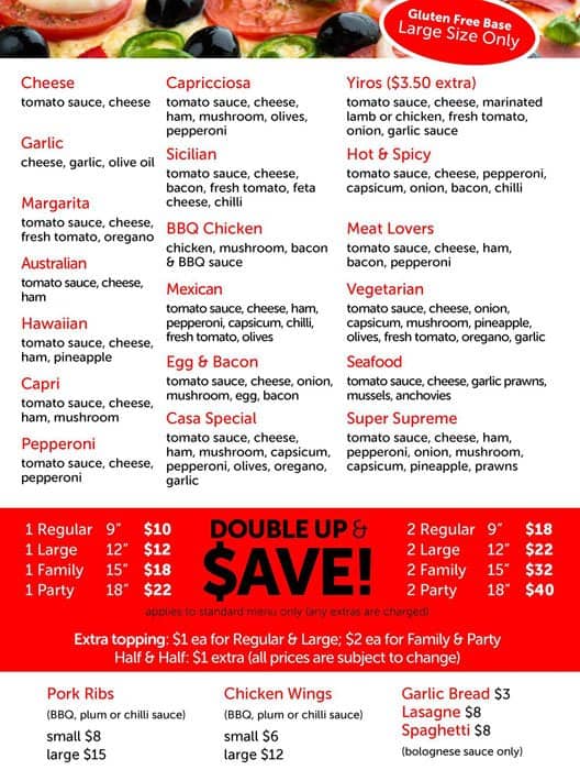 Casa De Pizza Menu, Menu for Casa De Pizza, Salisbury East, Adelaide