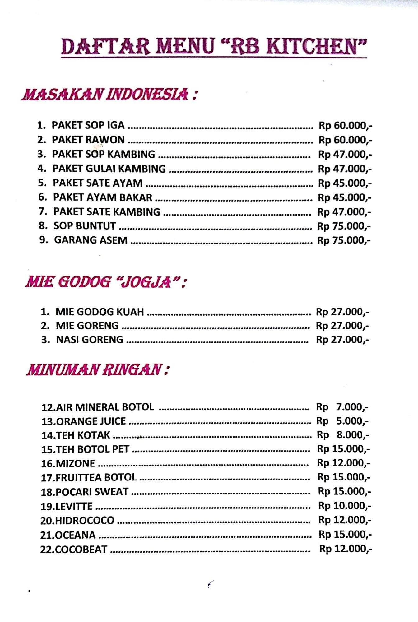 Rb Kitchen Menu Menu For Rb Kitchen Ancol Jakarta