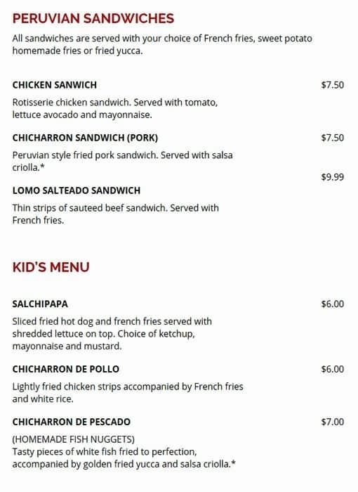 Menu at Machu Picchu Pineville pub & bar, Pineville