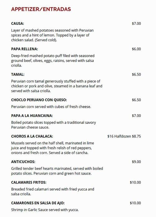 Menu at Machu Picchu Pineville pub & bar, Pineville