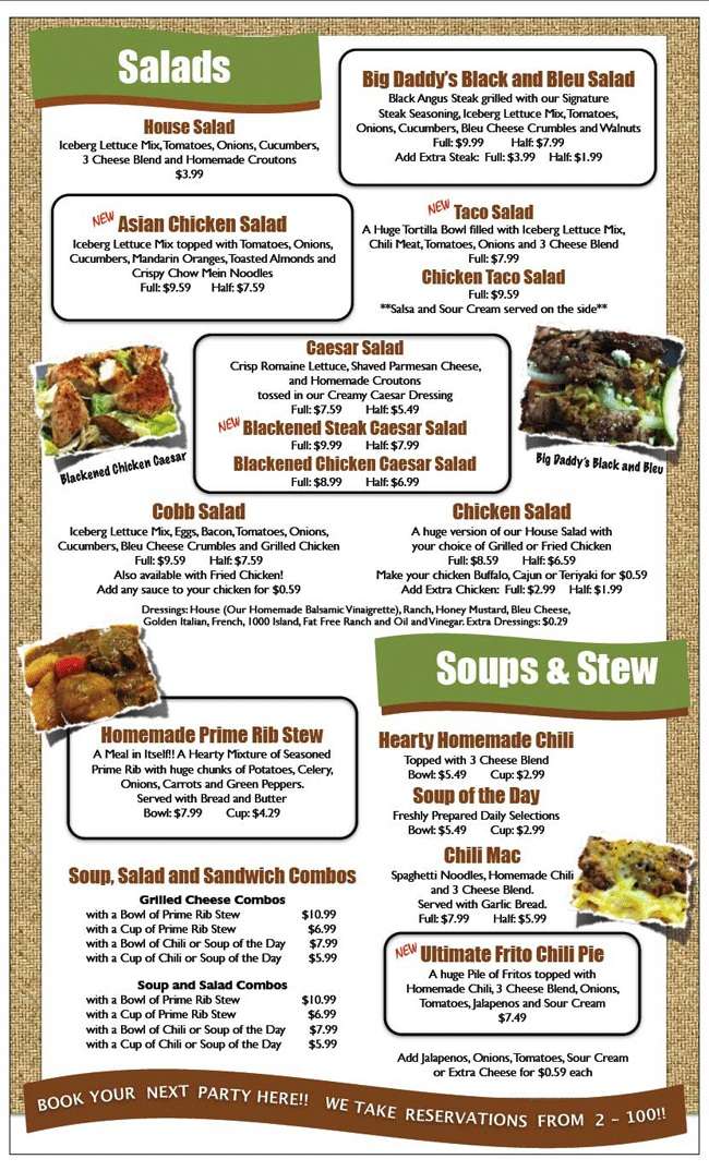 Menu at Big Daddy's Bar & Grill, Indianapolis