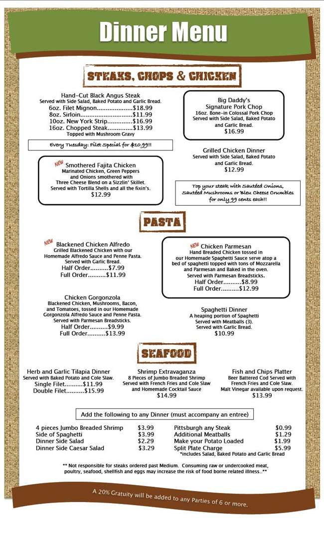 Menu at Big Daddy's Bar & Grill, Indianapolis