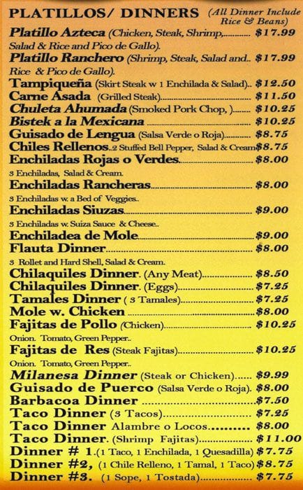 Menu at Taqueria Azteca restaurant, Wood Dale