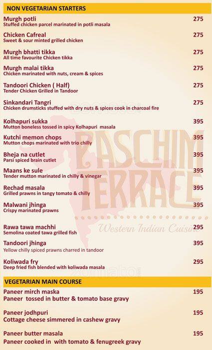 Paschim Terrace menu
