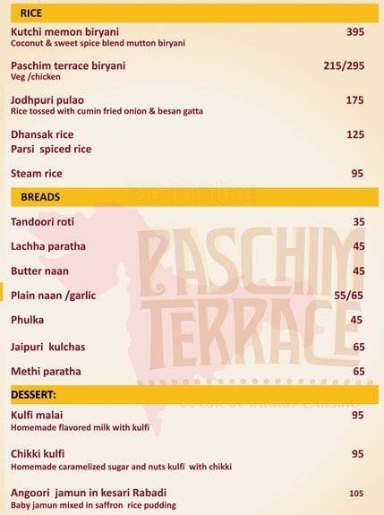 Paschim Terrace menu
