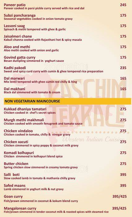 Paschim Terrace menu