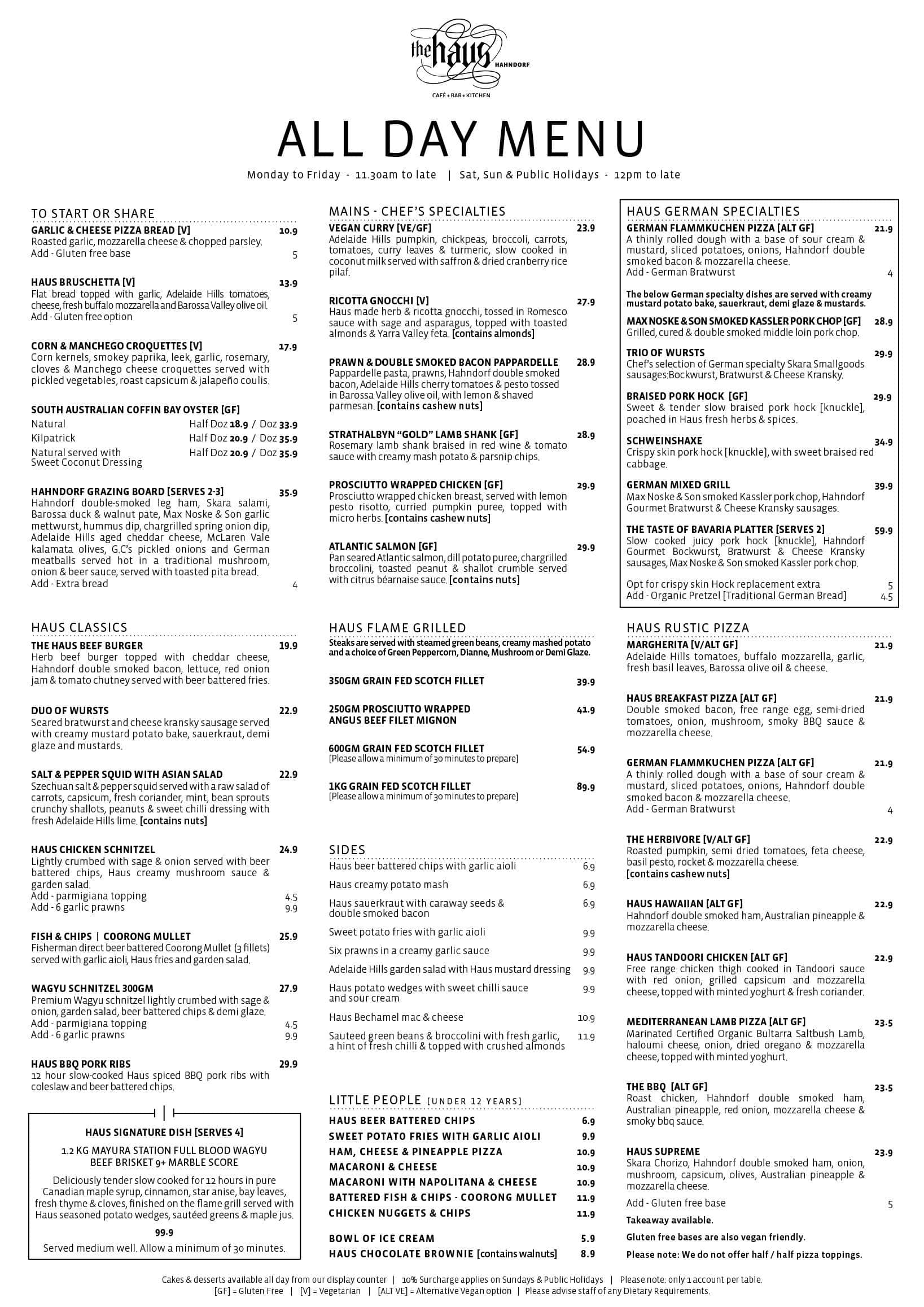Menu at The Haus restaurant, Hahndorf, 38A Main St