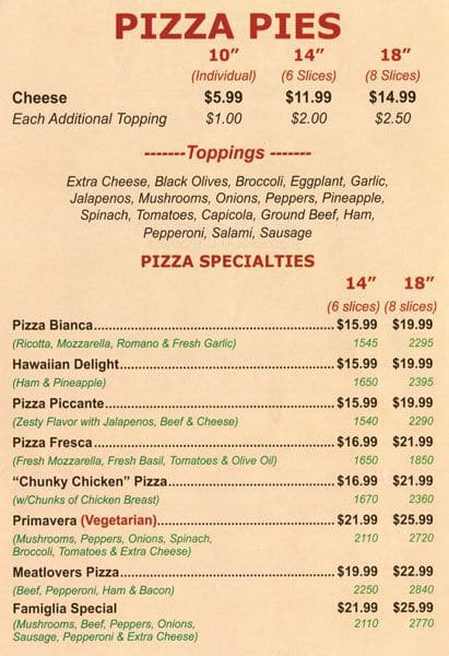 Famous Famiglia Pizzeria Menu, Menu for Famous Famiglia Pizzeria ...