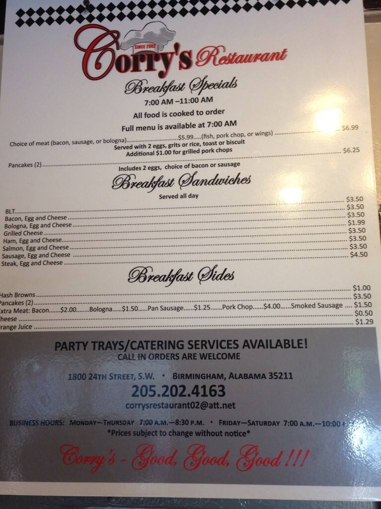 Corry's Menu, Menu for Corry's, Pratt, Birmingham Urbanspoon/Zomato