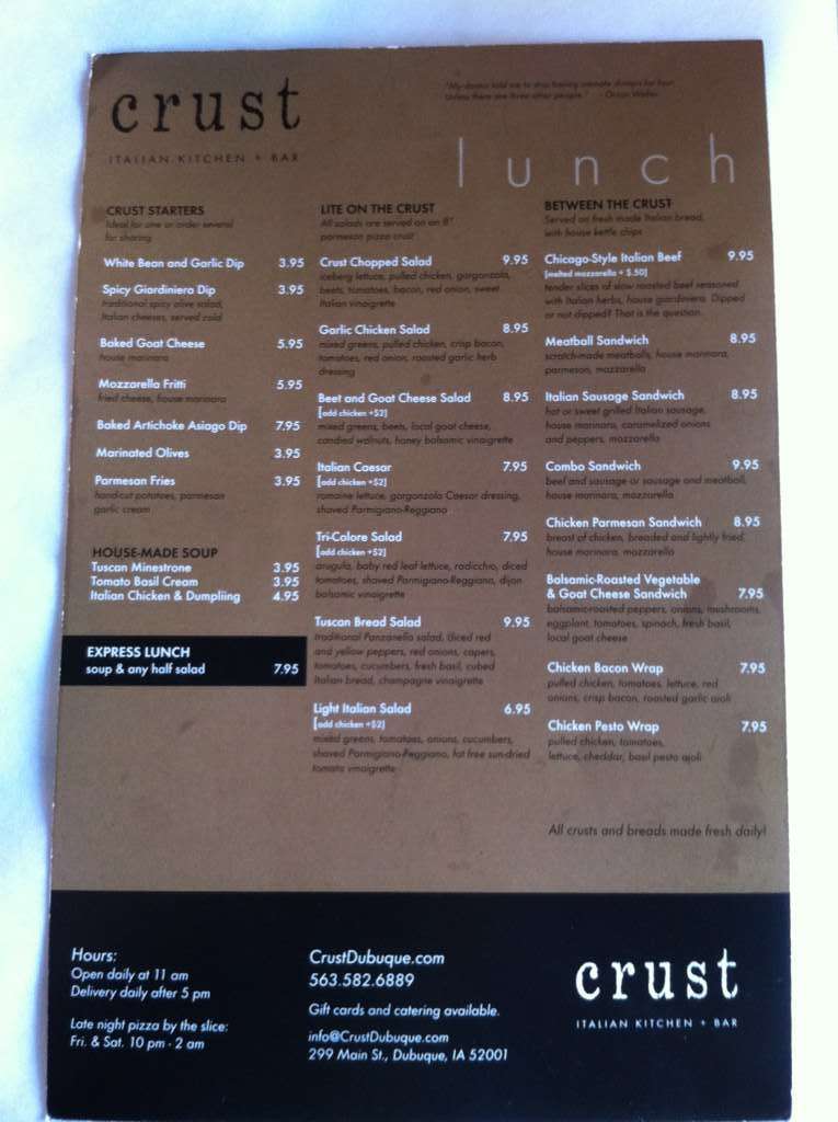 Crust Italian Kitchen + Bar Menu Urbanspoon/Zomato