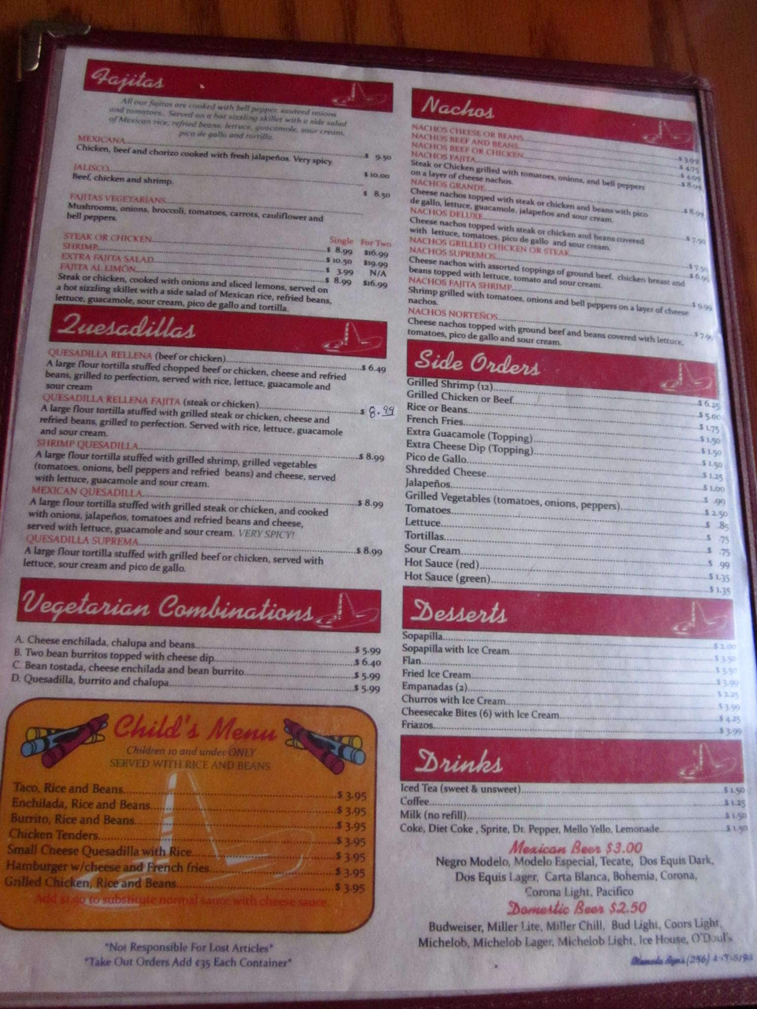 Menu at El Paso restaurant, Toney