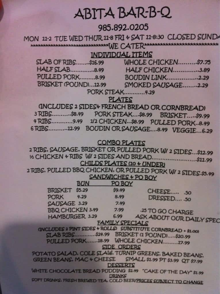 Abita Bar-B-Q Menu, Menu for Abita Bar-B-Q, Abita Springs, Abita ...