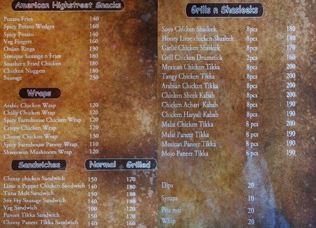 The SMOQUE Cafe' menu