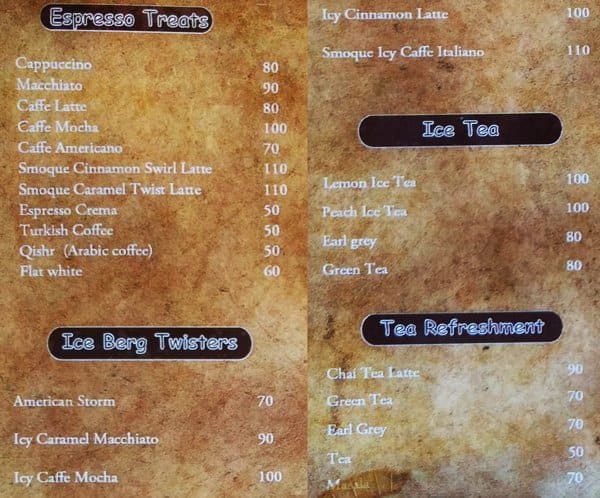 The SMOQUE Cafe' menu