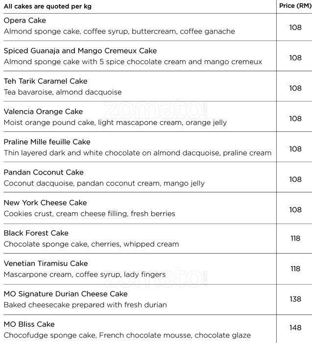 The Mandarin Cake Shop Mandarin Oriental Menu Zomato Malaysia