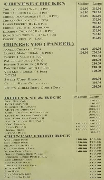 Sabita Restaurant menu