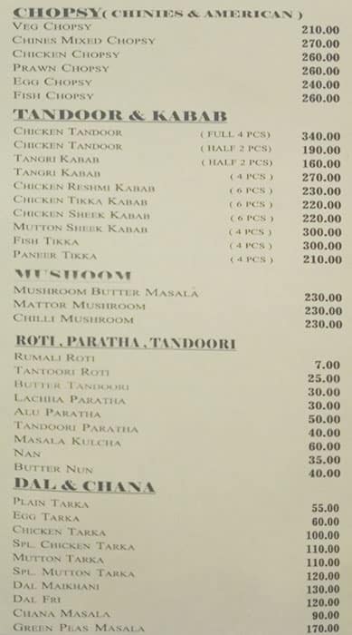 Sabita Restaurant menu