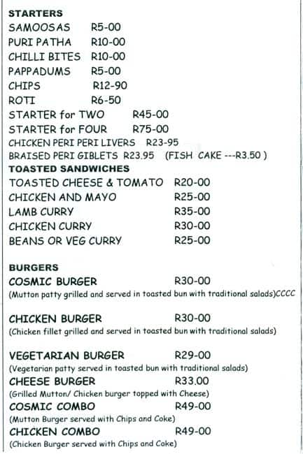 Menu at Cosmic Curries restaurant, Edenvale, Shop no