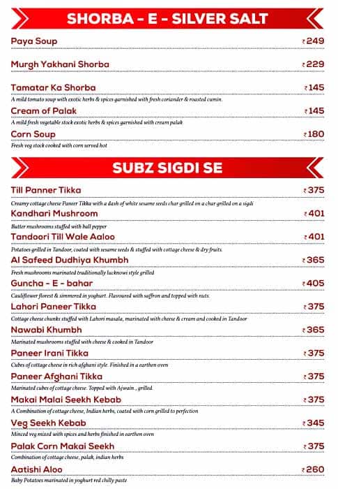 Saberi's Silver Salt Indian Cuisine menu