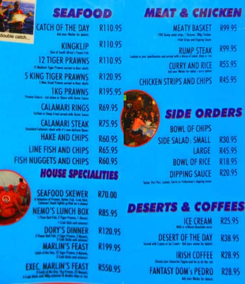 Menu at Fisherman's Restaurant and Bar, Saint Lucia