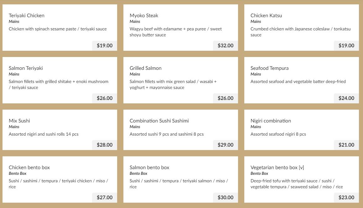 Menu at Myoko Sushi Bar, Bondi Beach