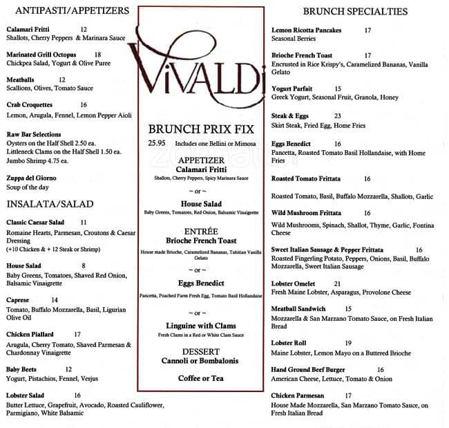 Vivaldi Ristorante Menu, Menu for Vivaldi Ristorante, Clearview, New
