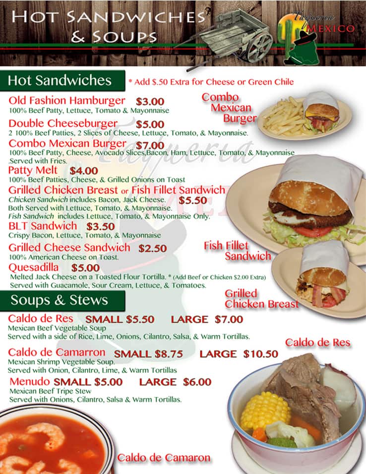 Menu at Taqueria Mexico restaurant, Albuquerque