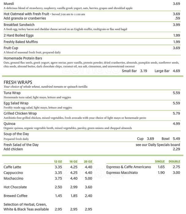 Menu at Earth Cafe, Toronto