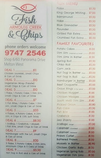 Arnolds Creek Fish & Chips Menu - Urbanspoon/Zomato