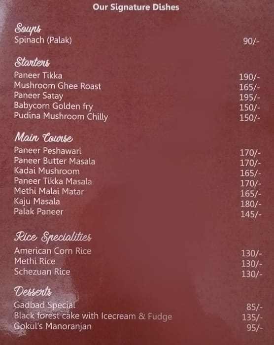 Gokul Veg menu