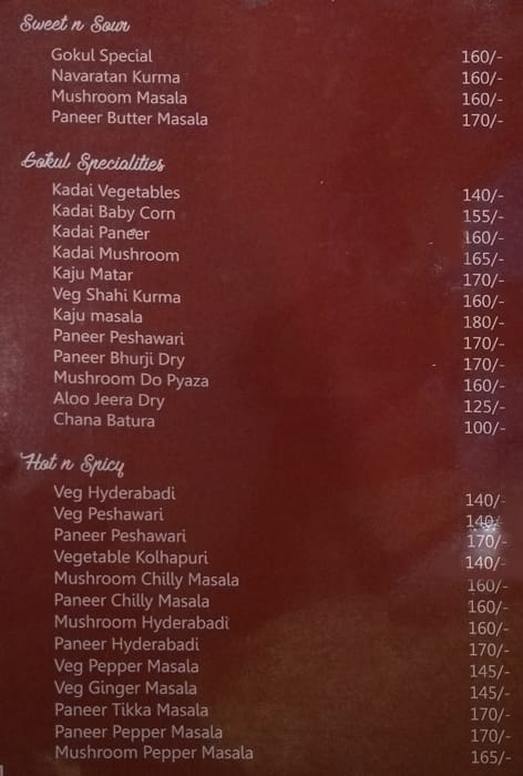 Gokul Veg menu