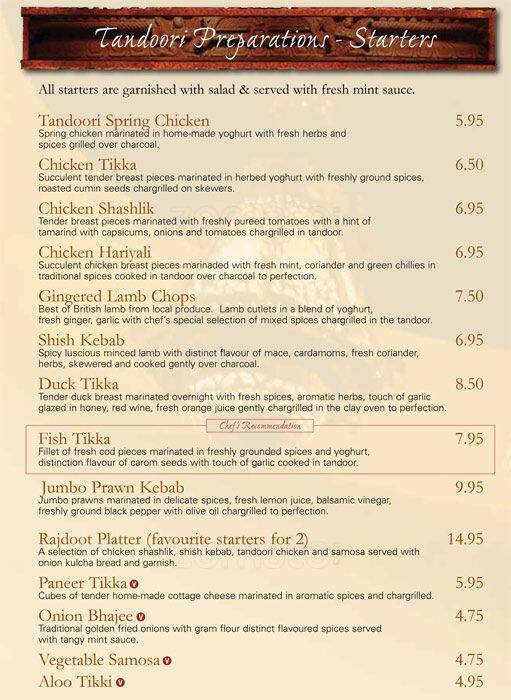 Rajdoot Tandoori Menu, Menu for Rajdoot Tandoori, Jewellery Quarter ...