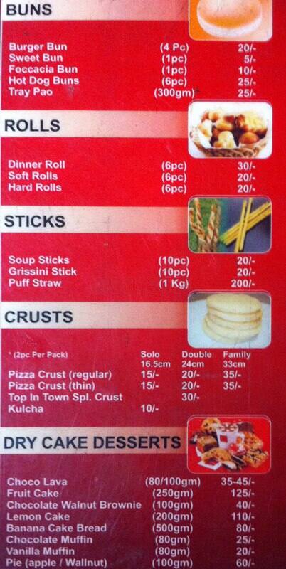 Top In Town Menu at Top in Town Bakery, Lucknow, 3/283 Gomti Nagar