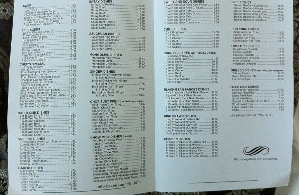 Menu at Golden Orient Chinese Restaurant, Esperance