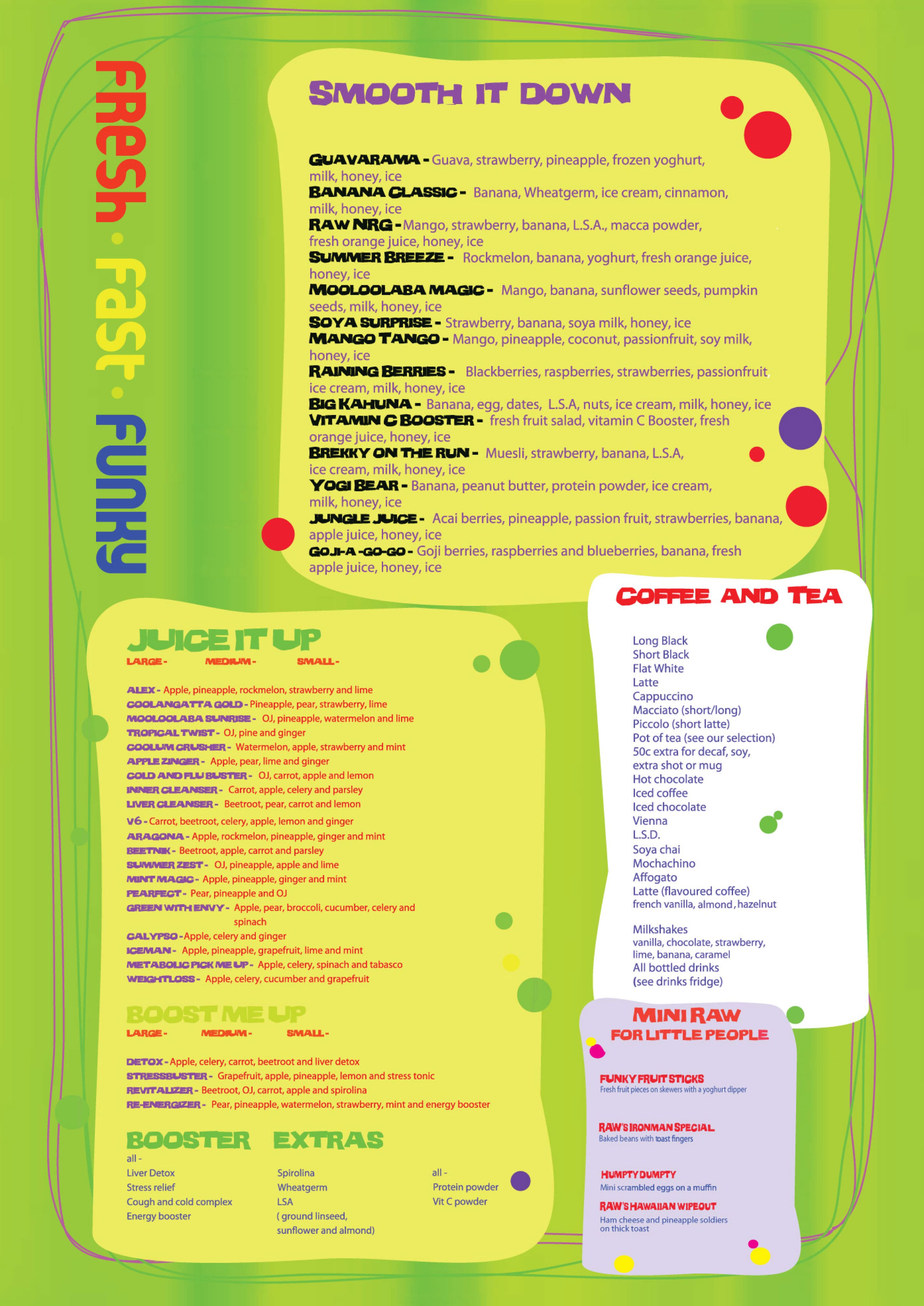 Raw Energy menu, Menu restauracji Raw Energy, Peregian Beach, Peregian