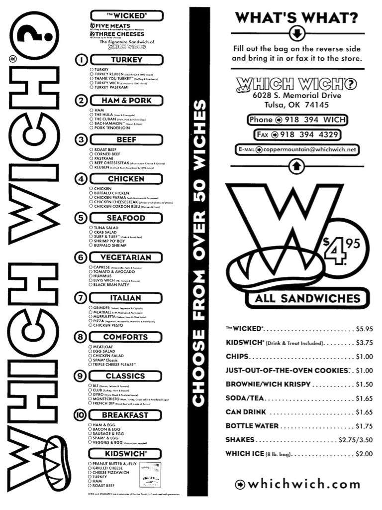 Which Wich? Menu, Menu for Which Wich?, Woodland Hills/71st Street