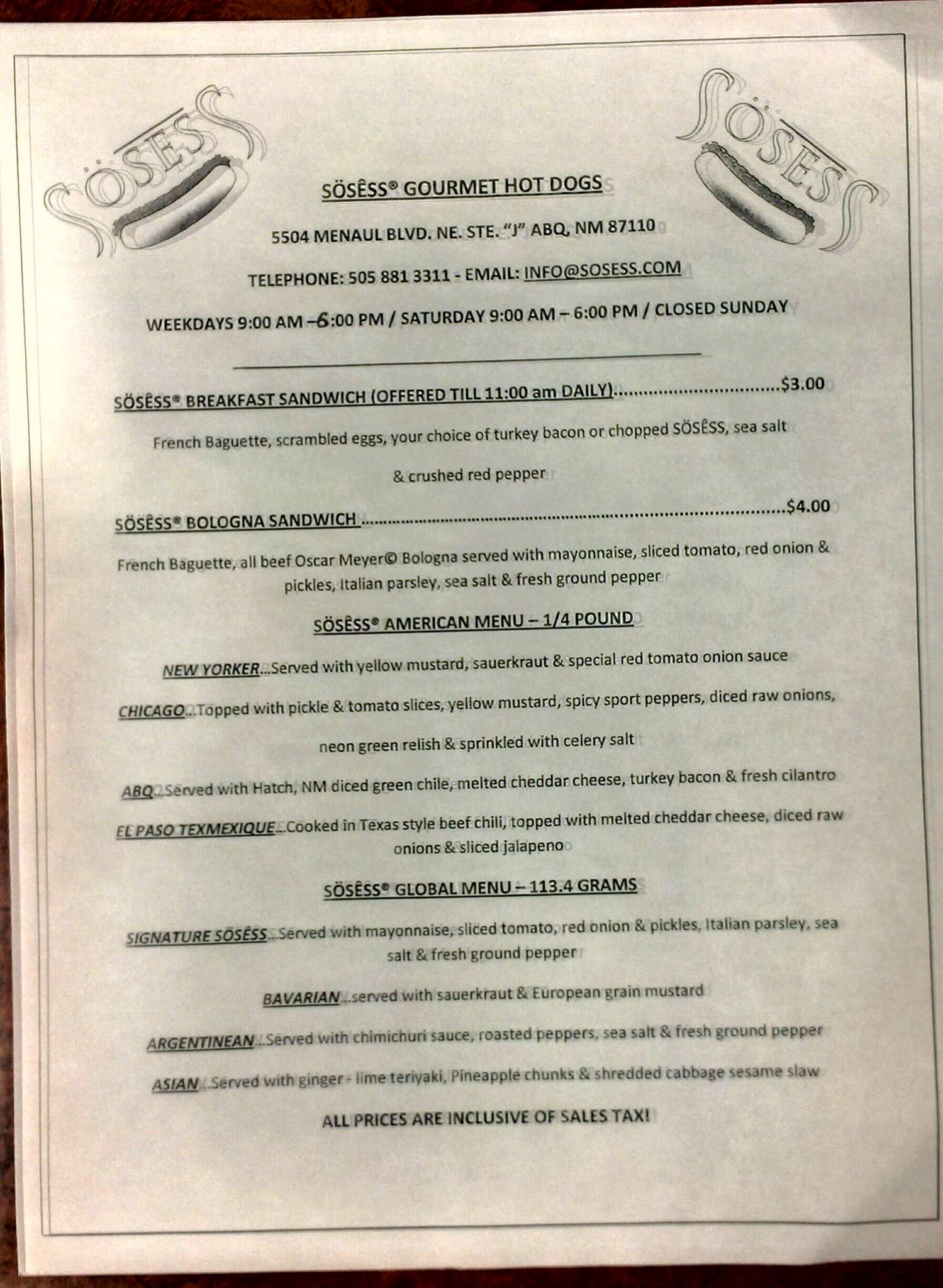 Sosess Gourmet Hot Dogs Menu, Menu for Sosess Gourmet Hot Dogs, Uptown