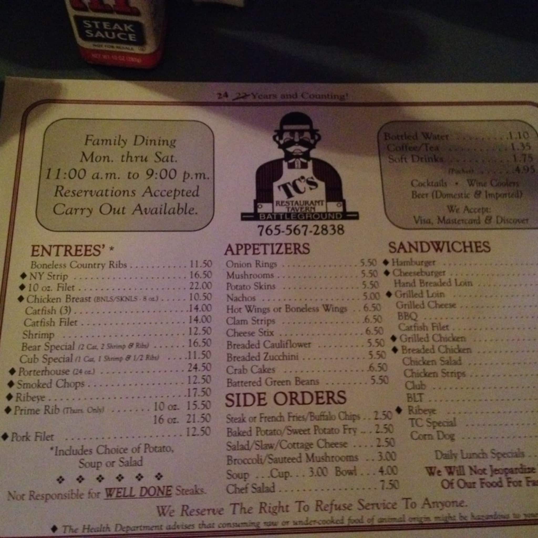 Menu at TC's Restaurant & Tavern, Battle Ground