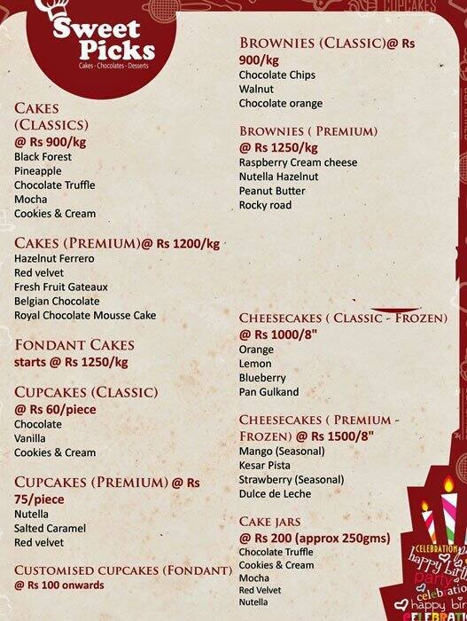 Menu at Sweet Picks, Mumbai