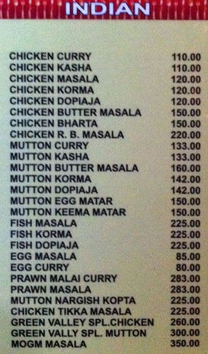 Green Valley menu