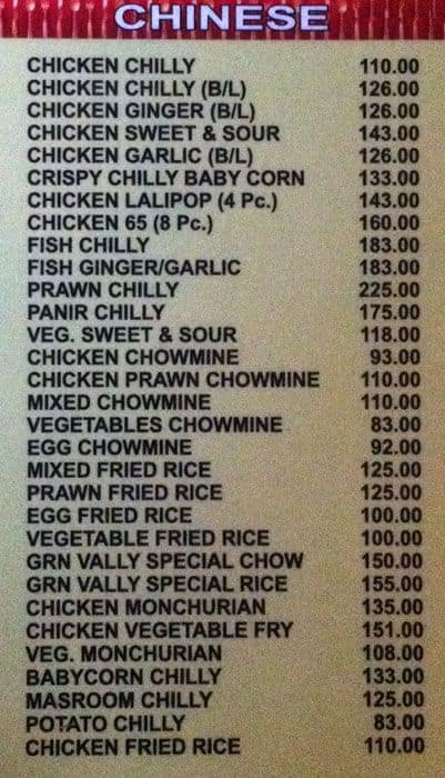 Green Valley menu